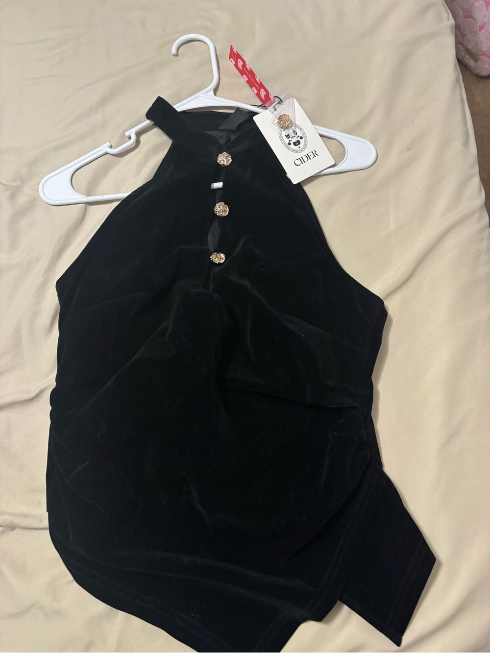 Cider Black Velvet Halter Bodysuit with Gold Buttons